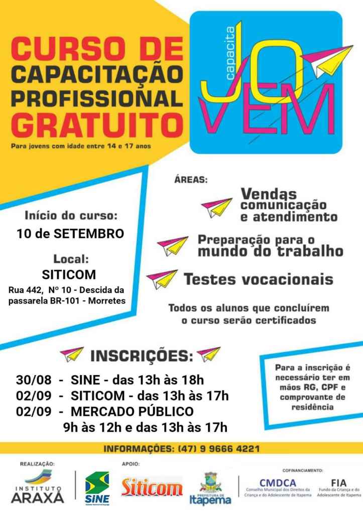 Inscrição para curso de capacitação profissional para jovens será na sexta-feira (30/08)