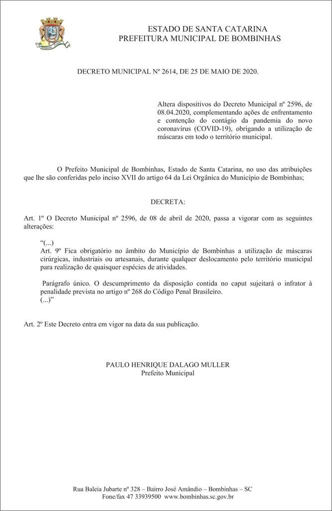 BOMBINHAS - Decreto Municipal obriga uso de máscaras em Bombinhas