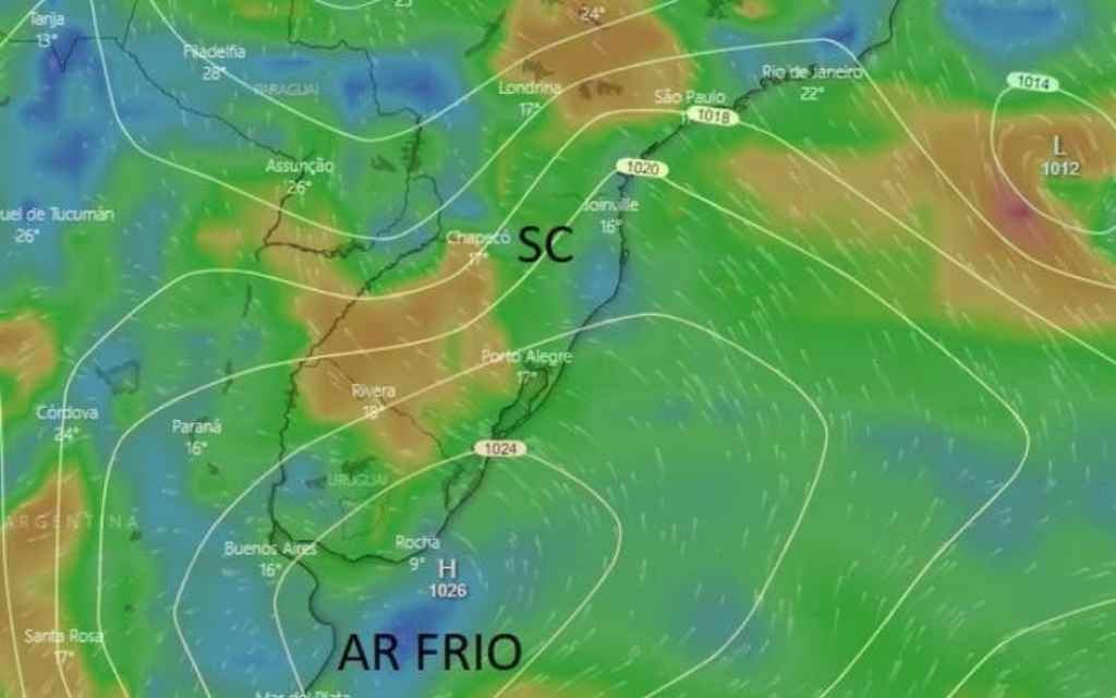 Presença de um ar frio no feriadão (Foto: Windy)