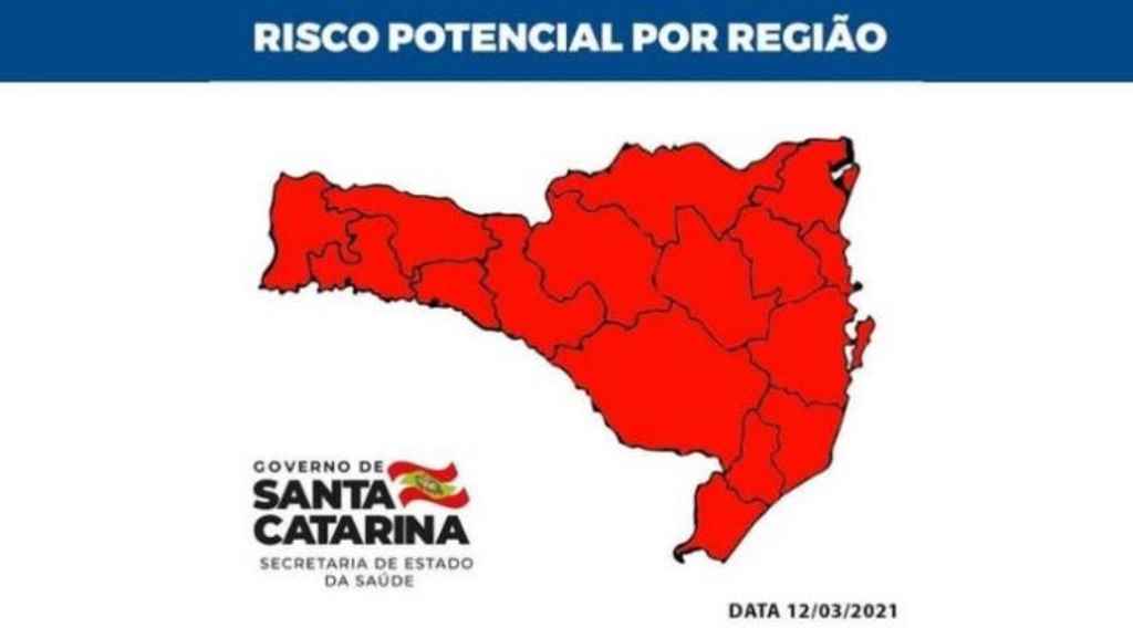 Mapa de risco para coronavírus em SC divulgado em 13/03/2021(Foto: Secretaria Estadual de Saúde de SC / Divulgação)