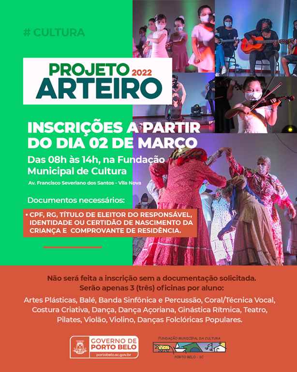 PORTO BELO - Abertas as inscrições para oficinas do Projeto Arteiro