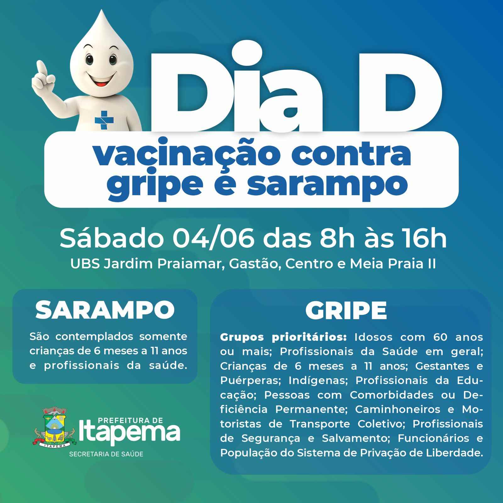 Sábado (04/06) tem “Dia D” para vacinação contra a gripe e sarampo em Itapema