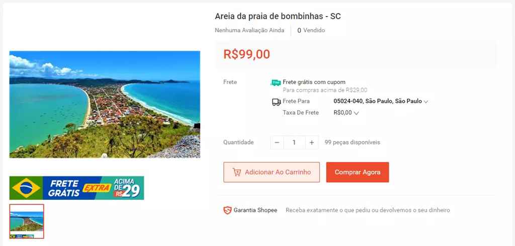 Areia e água de praia de Bombinhas são anunciadas na internet com frete grátis – Foto: Shopee/Reprodução/ND