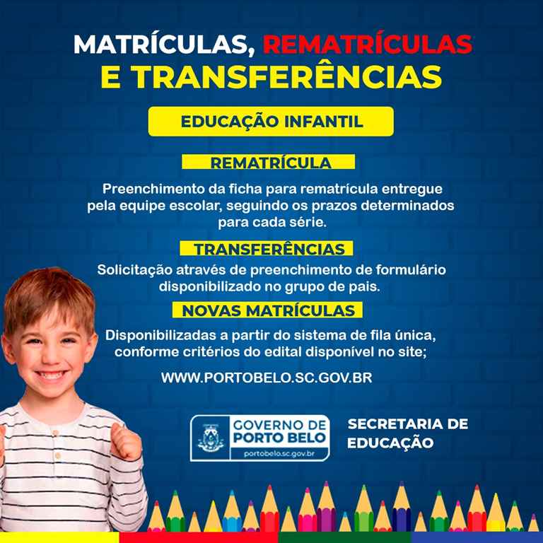 PORTO BELO - Porto Belo define prazos para matrículas e rematrículas na Educação Infantil
