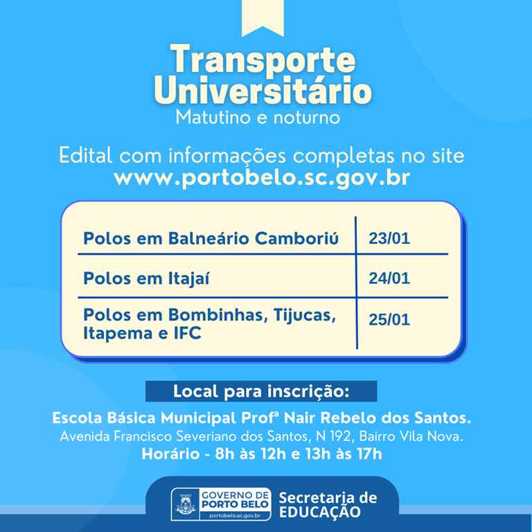 PORTO BELO - Porto Belo define datas para cadastro de estudantes que utilizam transporte universitário