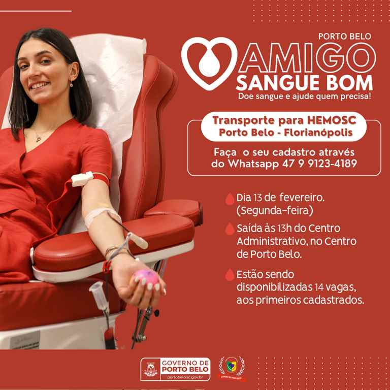 PORTO BELO - Porto Belo disponibiliza transporte gratuito para o Hemosc neste mês de fevereiro