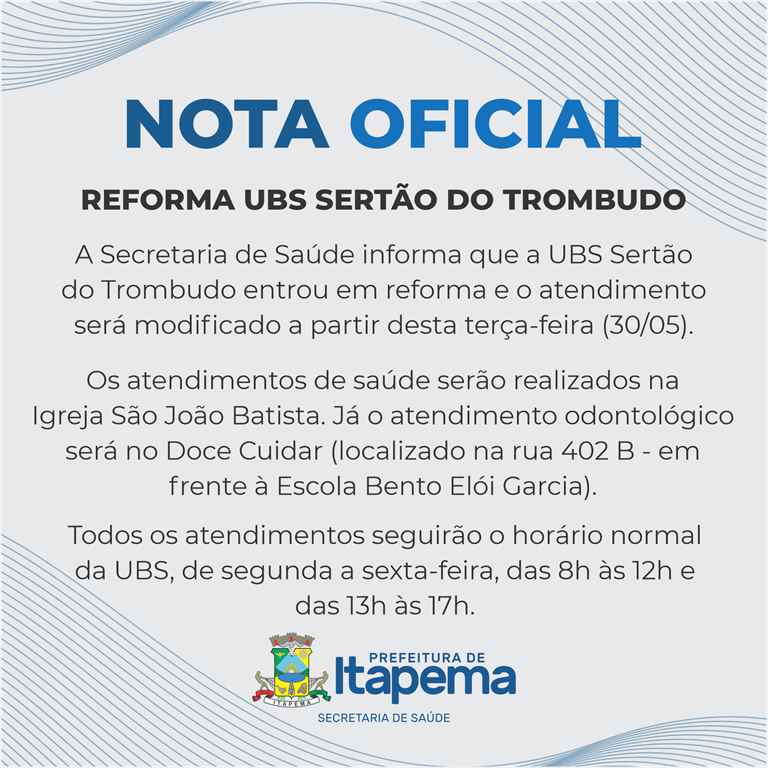 NOTA OFICIAL - Reforma UBS Sertão do Trombudo