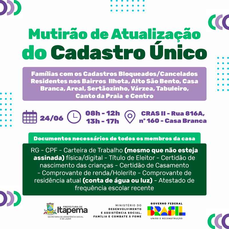 Assistência Social fará mutirão de atualização do Cadastro Único no sábado (24/06)