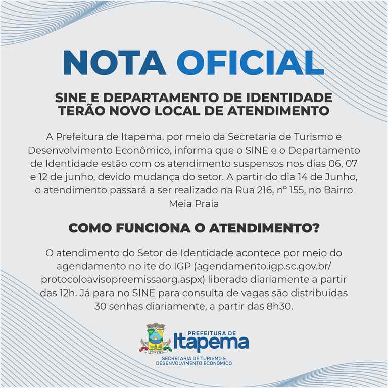 SINE e Departamento de Identidade terão novo local de atendimento