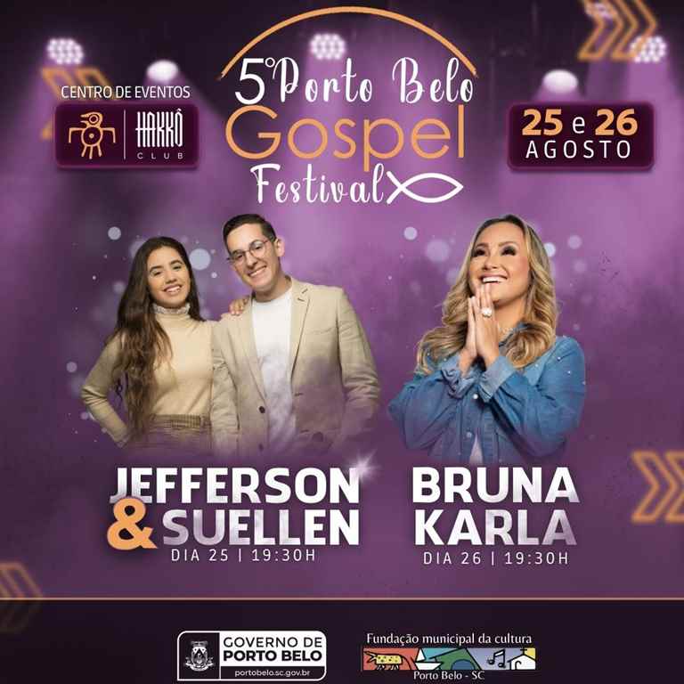 PORTO BELO - Bruna Karla e a dupla Jefferson e Suellen serão as atrações do Porto Belo Gospel