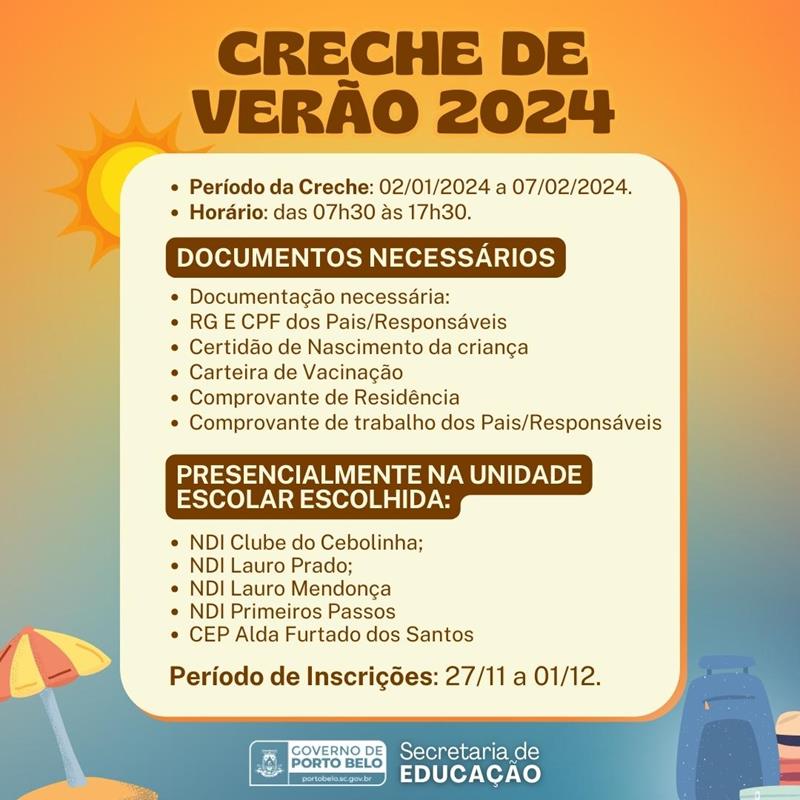 PORTO BELO - Inscrições Abertas para a Creche de Verão em Porto Belo