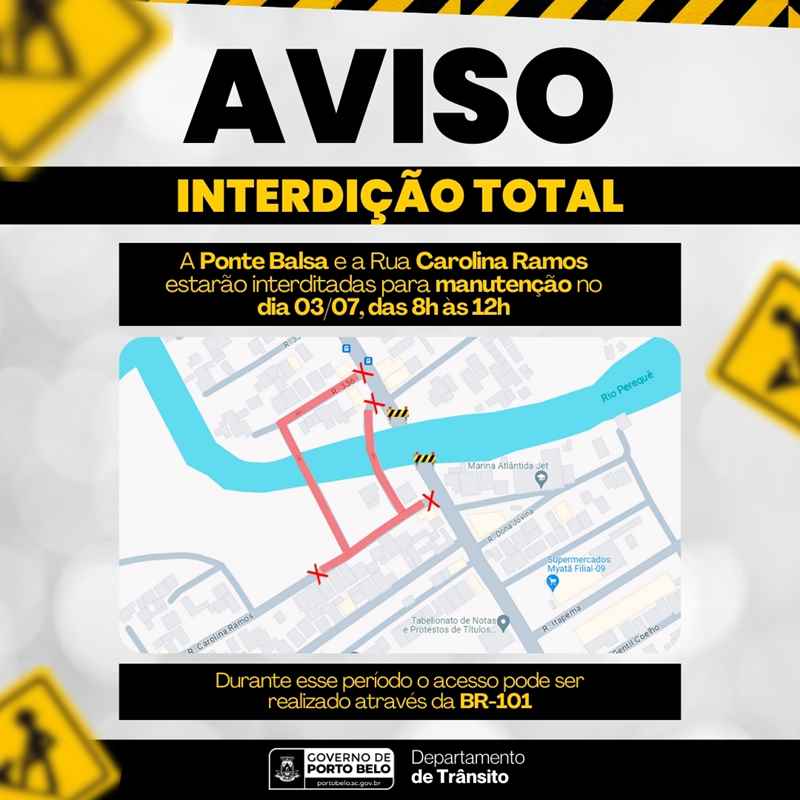 PORTO BELO - Ponte Balsa e rua Carolina Ramos estarão interditadas para manutenção no próximo dia 3