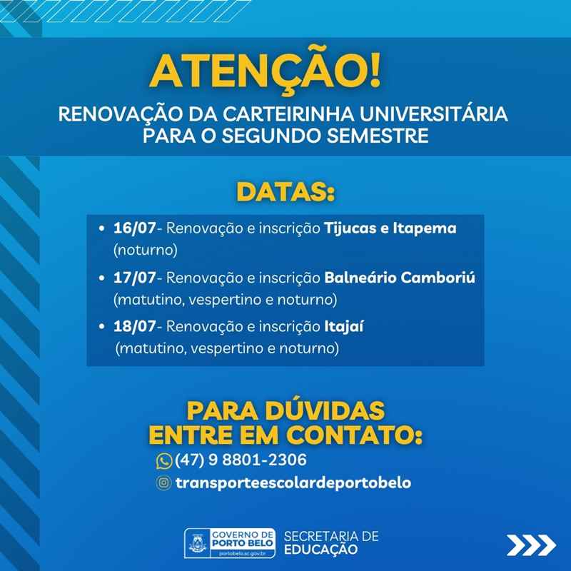 PORTO BELO - Porto Belo lança edital para renovação de carteirinha para transporte público universitário