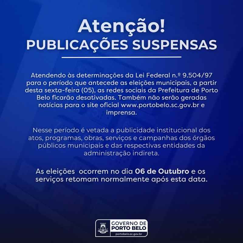 PORTO BELO - Porto Belo irá desativar, temporariamente, as redes sociais institucionais