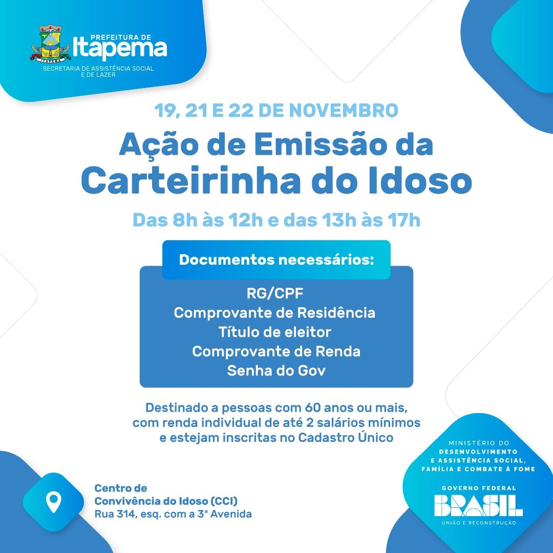 Assistência Social fará ação especial para emissão da Carteirinha do Idoso