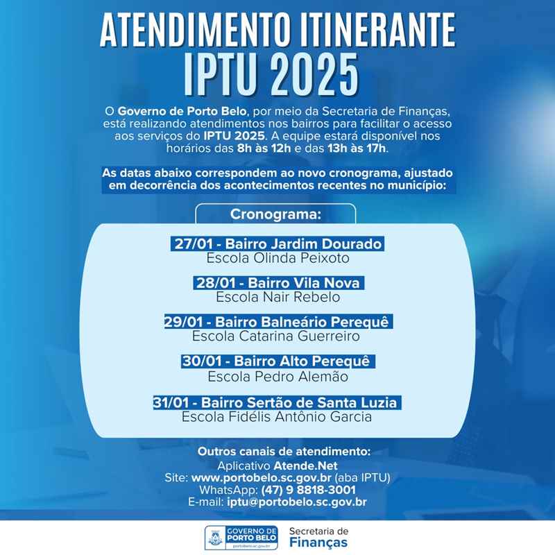 Governo de Porto Belo define novas datas para Atendimento Itinerante IPTU 2025