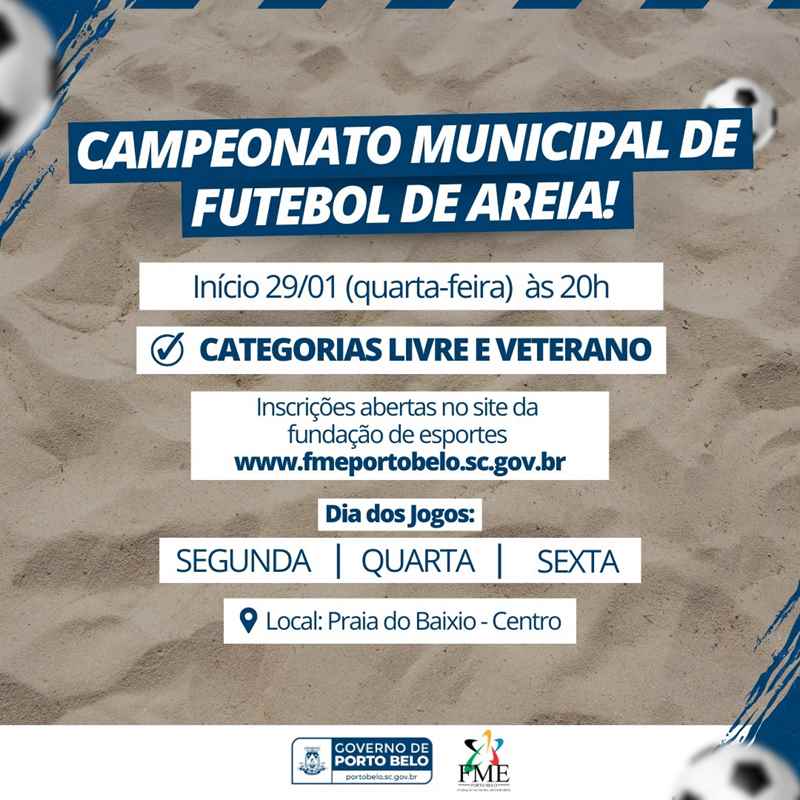 PORTO BELO - Porto Belo abre inscrições para o Campeonato Municipal de Futebol de Areia