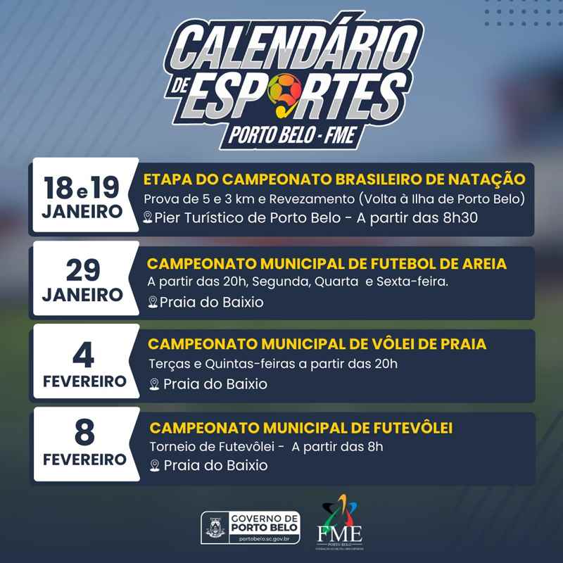 PORTO BELO - Porto Belo lança calendário de eventos esportivos