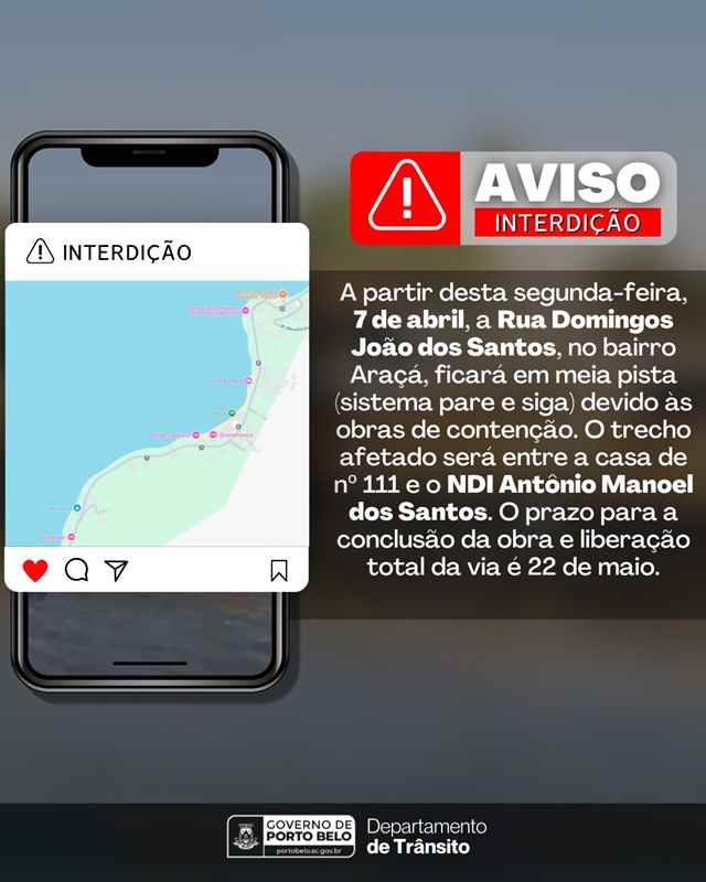 PORTO BELO - Obras de contenção altera trânsito na rua Domingos João dos Santos