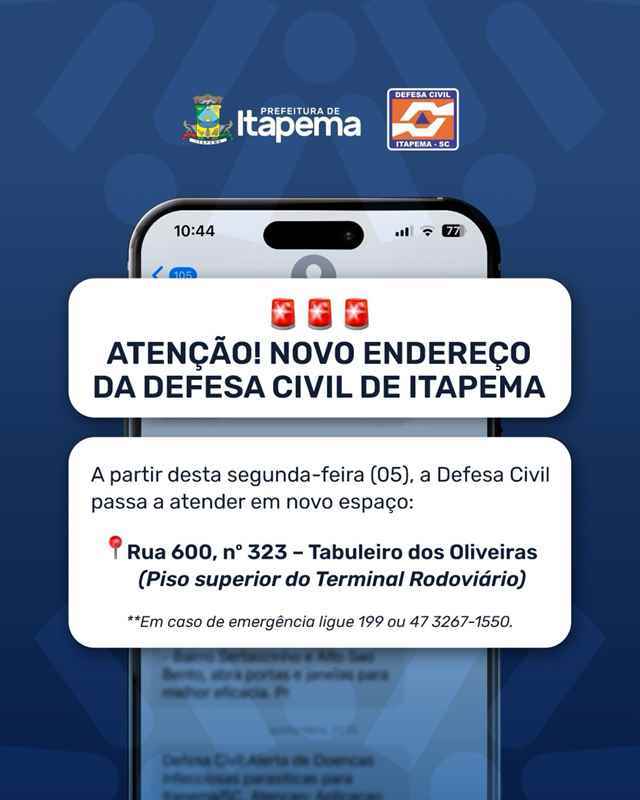 Defesa Civil de Itapema passa a atender em novo endereço a partir de segunda-feira