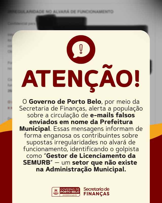 PORTO BELO - Governo de Porto Belo alerta sobre e-mails fraudulentos