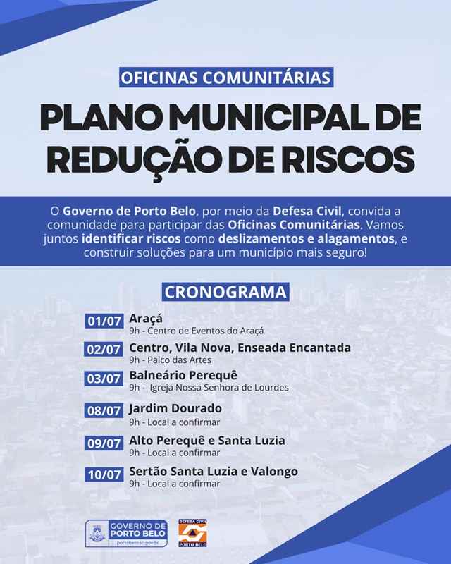 PORTO BELO - Porto Belo convida moradores para Oficinas Comunitárias do Plano de Redução de Riscos