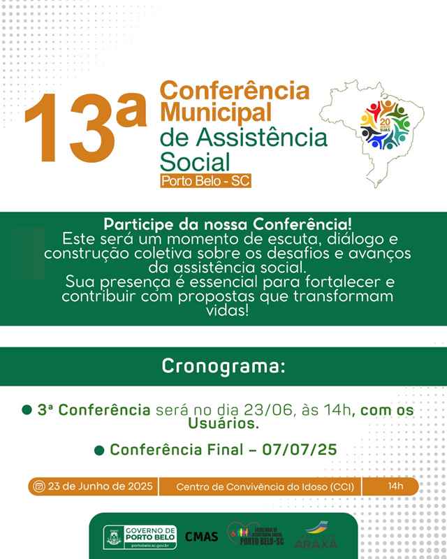 PORTO BELO - Porto Belo realizará a terceira etapa da 13ª Conferência Municipal da Assistência Social