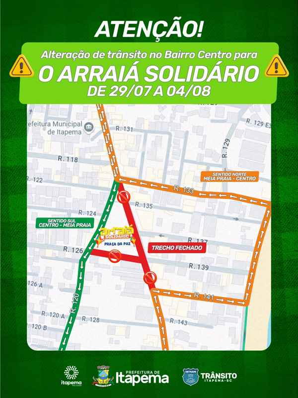Bairro Centro terá alteração provisória no trânsito em virtude do Arraiá Solidário